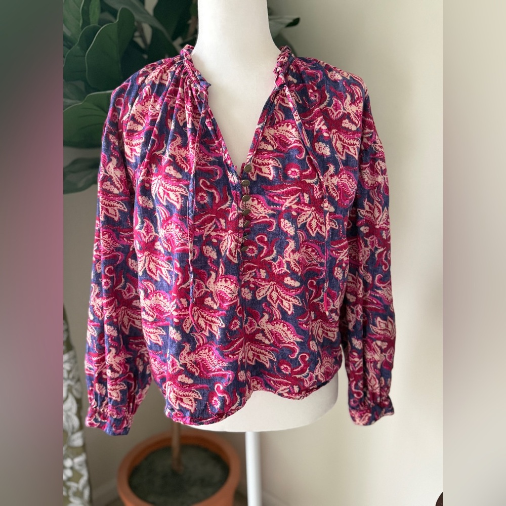 Anthropologie Pink and Navy Paisley Peasant Blouse